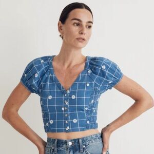 Madewell Puff Sleeve Embroidered Crop Top in Windowpane